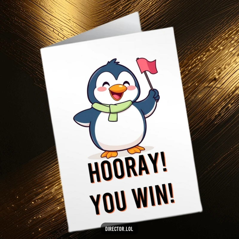 Funny Free Printable Congratulations Card: Goofy penguin waving a tiny flag with a huge, happy smile.