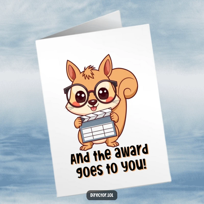 Funny Free Printable Congratulation Card: Squirrel in spectacles snaps clapboard, celebrating success with curiosity.