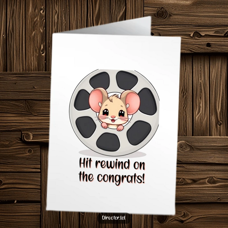 Funny Free Printable Congratulations Card: Excited mouse peeking from film reel, celebrating success, a unique DIY gift.