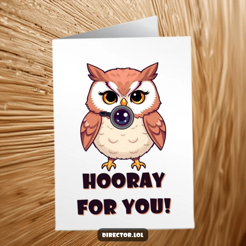 Funny Free Printable Congratulations Card: Proud owl photographer peers through lens, winks, celebrating congratulations.