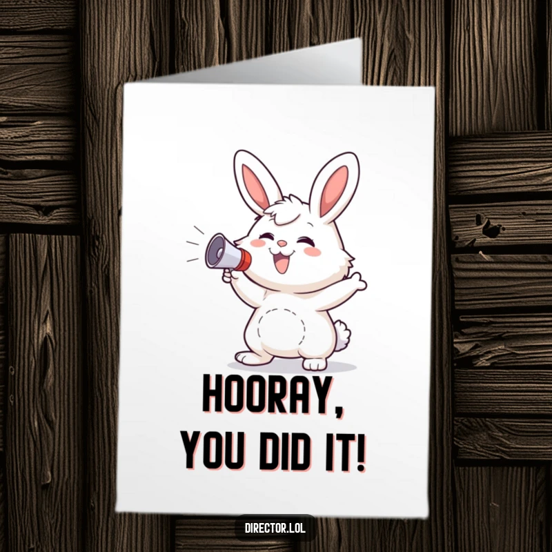 Funny Free Printable Congrats Card: Fluffy bunny with a happy grin gestures wildly with a small megaphone, announcing success.