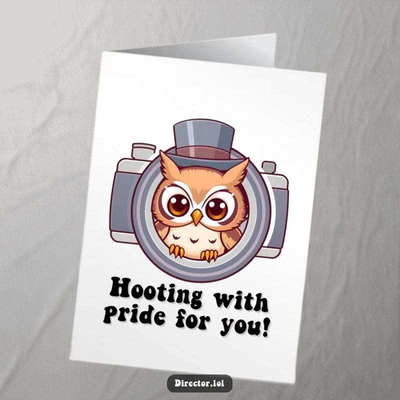 Funny Free Printable Owl Congratulations Card: Curious owl in top hat peers through a camera lens, celebrating achievements with humor.