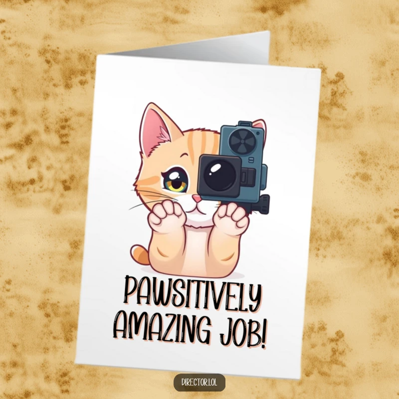 Funny free printable congratulations card: a curious cat batting playfully at a movie camera, celebrating success.