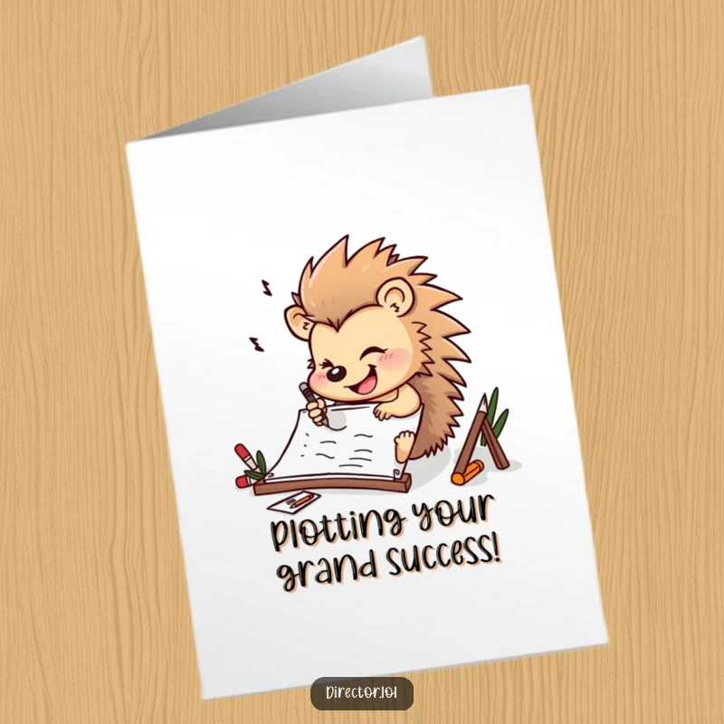 Funny Free Printable Congratulation Card: Determined hedgehog drawing storyboard, cheerfully marking a win.