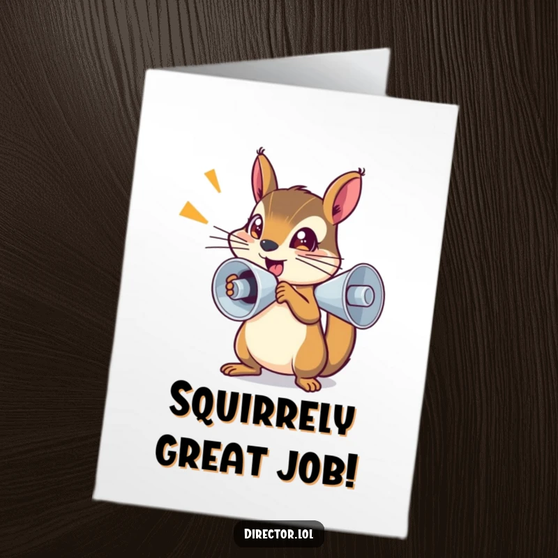 Funny free printable congratulations card featuring a determined squirrel in a tiny megaphone, shouting with bright, sparkling eyes.