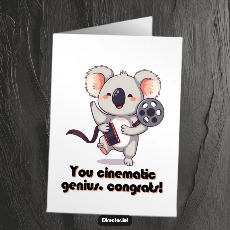 Funny Free Printable Congratulations Card: Bouncing koala holding a film reel, celebrating success with a playful pose.