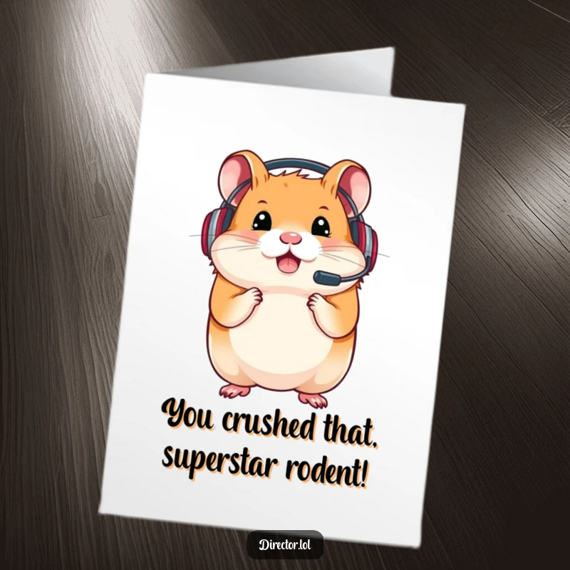 Funny Free Printable Congratulations Card: Determined hamster sporting a headset, celebrating a hard-earned victory with gamer focus and excitement.
