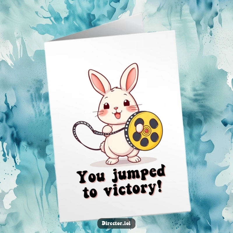 Funny Free Printable Congratulations Card: A playful rabbit holds a film reel like a skipping rope, celebrating achievement.