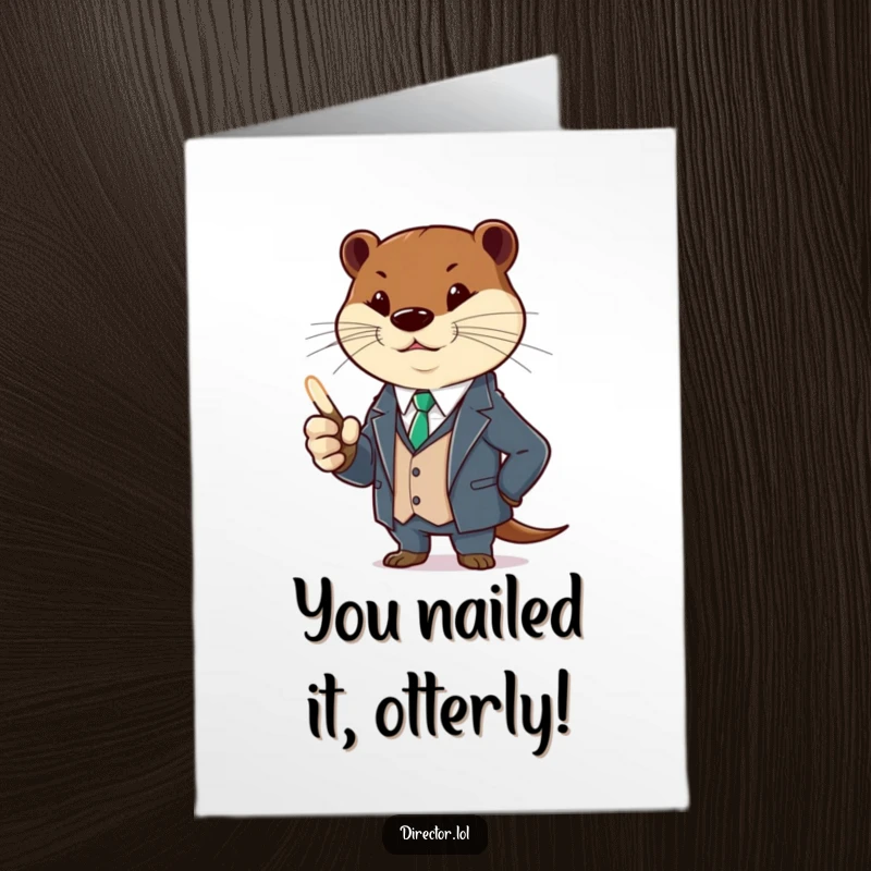 Funny Free Printable Congratulations Card depicting a sharp otter in a suit, gesturing with a pointer, ideal for celebrating.