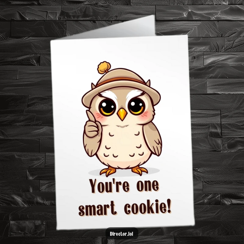 Funny free printable congratulations card with a happy owl in a hat, dramatically using a pointer to highlight achievements.