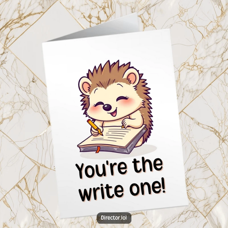 Funny Free Printable Hedgehog Congratulations Card: Giggling hedgehog scribbles notes, celebrating achievements with focused glee.