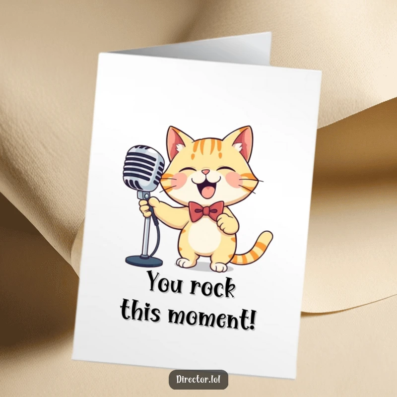 Funny Free Printable Cat MC Card: A dapper cat in a bowtie sweeps a microphone, celebrating a momentous occasion with joy.