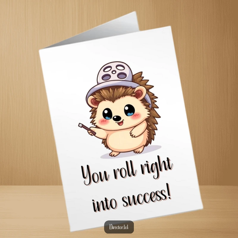 Funny Free Printable Hedgehog Director Card: A hedgehog wearing a film reel hat points enthusiastically, celebrating a big win.