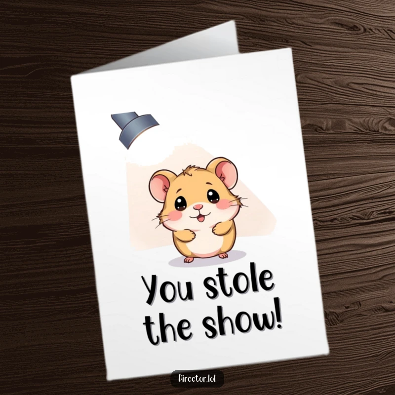 Funny Free Printable Congrats Card: Hamster peeking from spotlight, celebrating achievement. Bright DIY.