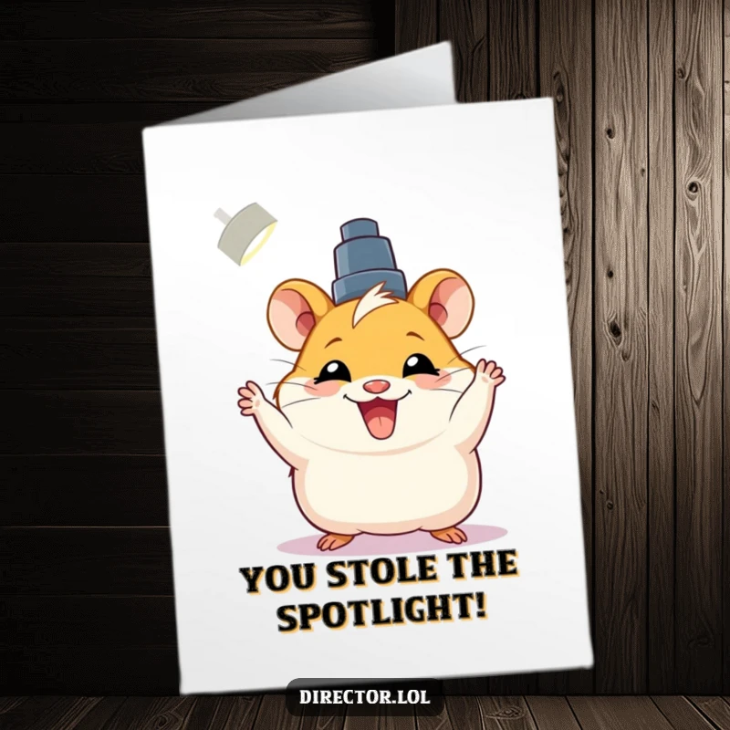 Funny Free Printable Congratulations Card: Joyful hamster adjusts spotlight with bright grin, congratulating success.