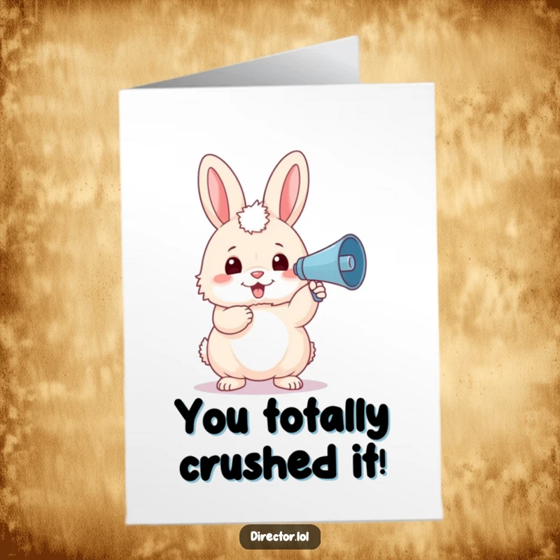 Funny Free Printable Congratulation Card: Fluffy bunny in beret holding megaphone, shouting congrats with glee.