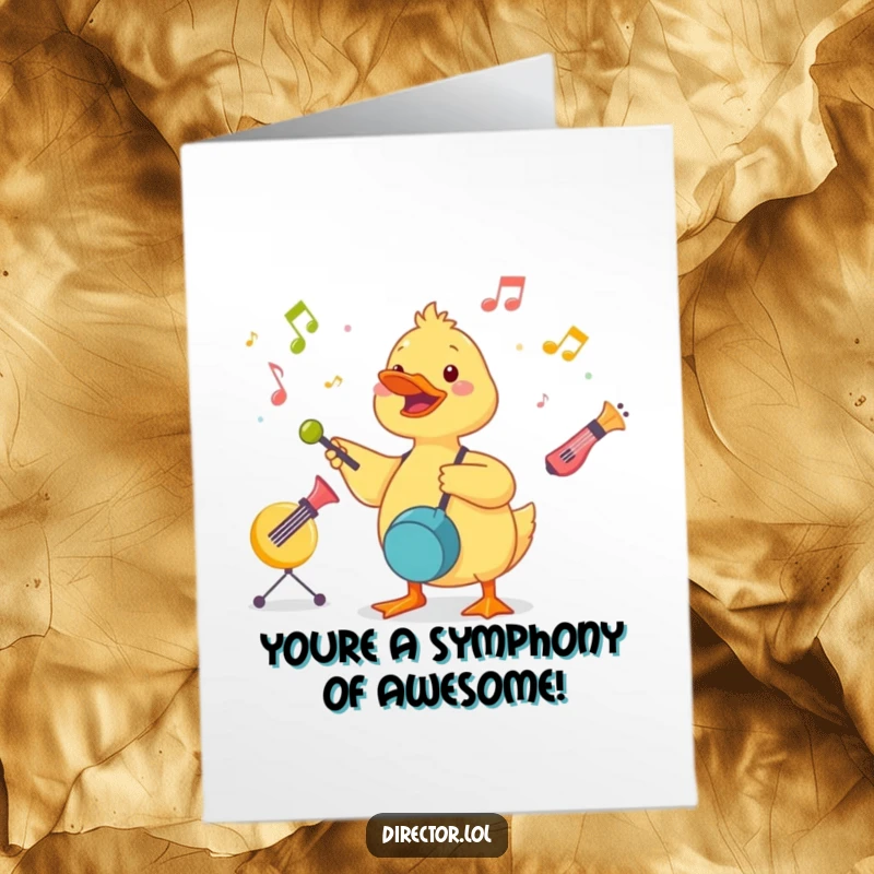 Funny Free Printable Congrats Card: A cute duckling energetically conducts a symphony of toy instruments, celebrating success with flair.