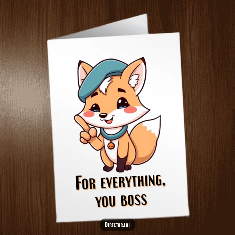 Funny Free Printable Fox Thank You Card: Chic fox with beret pointing, a stylish way to say thanks.