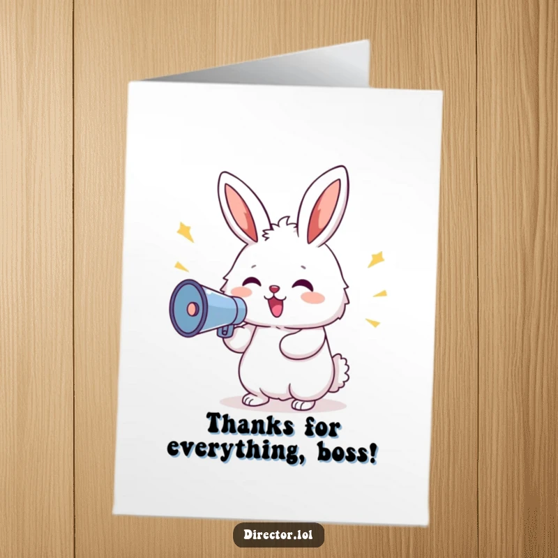 Funny Free Printable Thank You Card: Delighted bunny with a megaphone shouts commands, expressing loud and clear thanks.