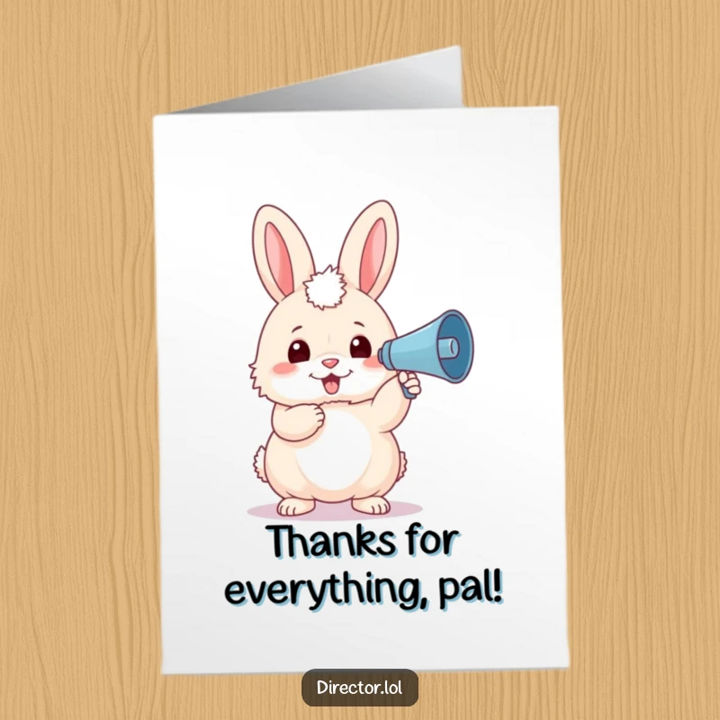Funny Free Printable Thank You Card: Fluffy bunny in beret waving a tiny megaphone, saying thanks joyfully.