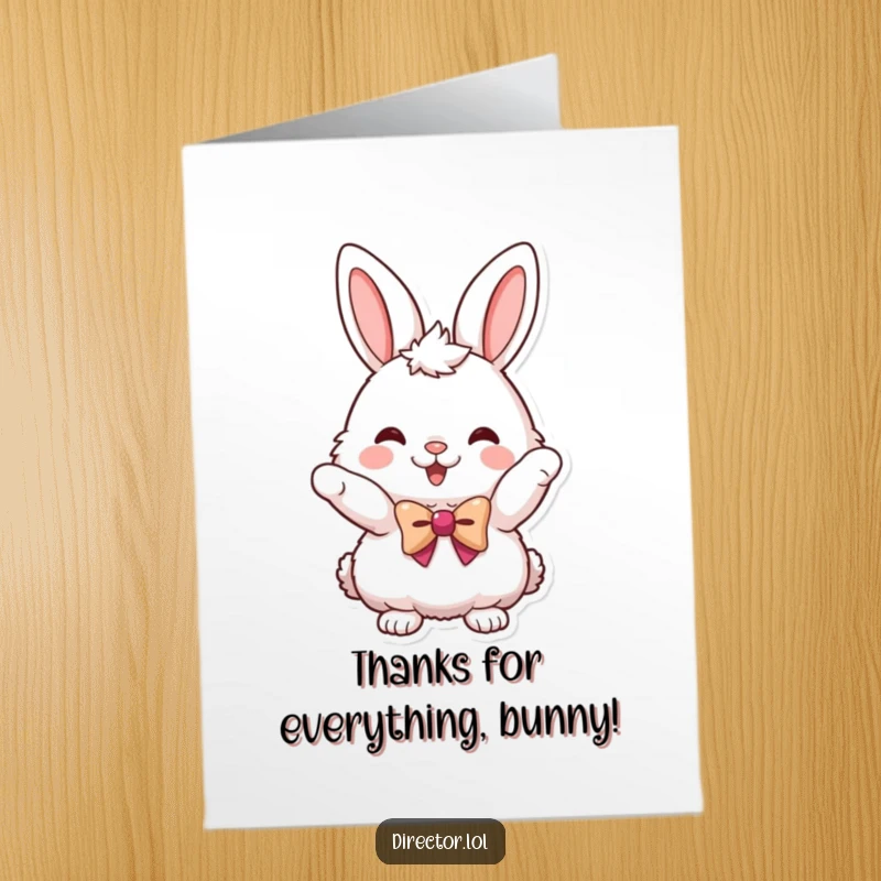 Funny Free Printable Thank You Card: Fluffy bunny with a tiny bowtie pointing enthusiastically, a great downloadable gift.