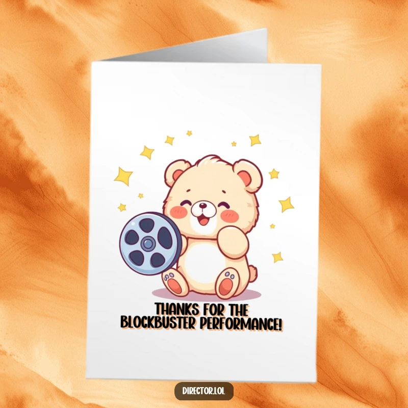 Funny Free Printable Thank You Card with a giggling bunny holding a clapboard and jumping for joy.