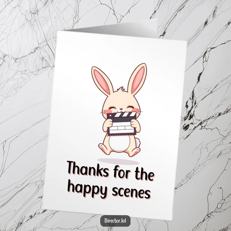 Funny Free Printable Thank You Card with a giggling bunny holding a clapboard and jumping for joy.