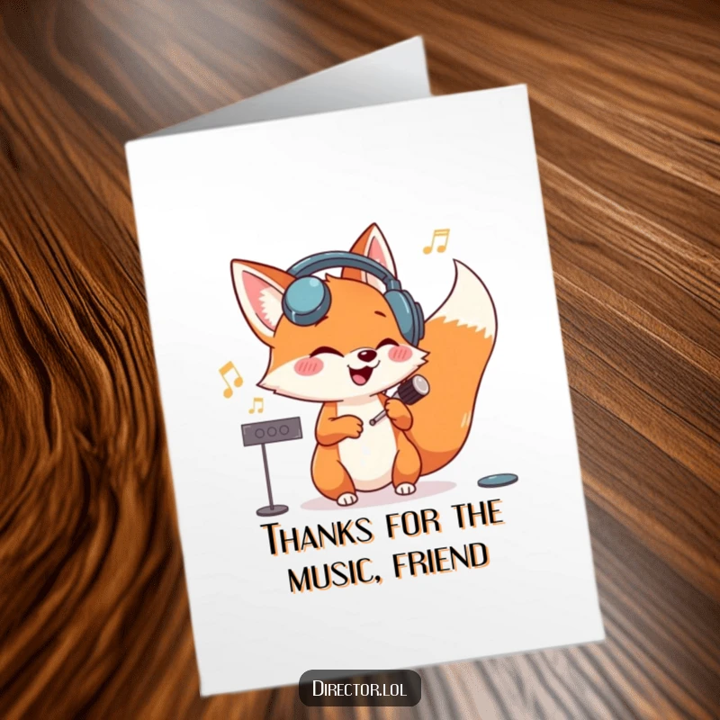 Funny Free Printable Thank You Card: Giggling fox in headphones conducts invisible orchestra, expressing thanks.