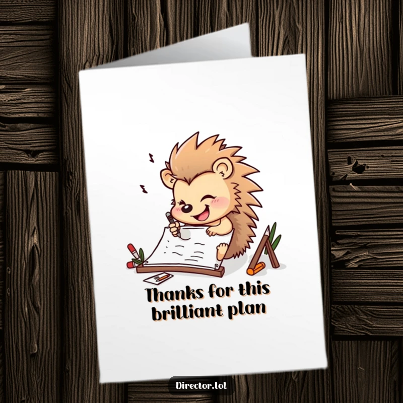 Funny Free Printable Thank You Card: Determined hedgehog drawing furiously on storyboard with a cheerful smile.