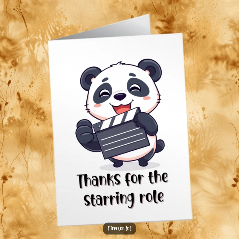 Funny free printable thank you card: a cheerful panda spinning a clapboard to express sincere thanks.