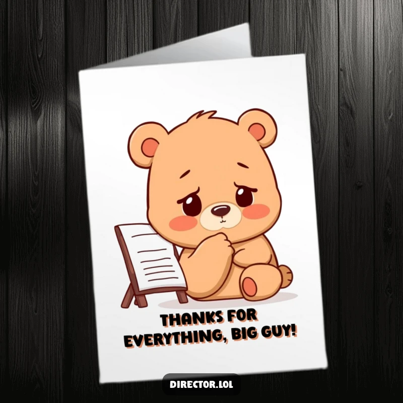 Funny Free Printable Thank You Card: A bear taps its chin thoughtfully, furrowed brow, looking at a storyboard, showing thanks.