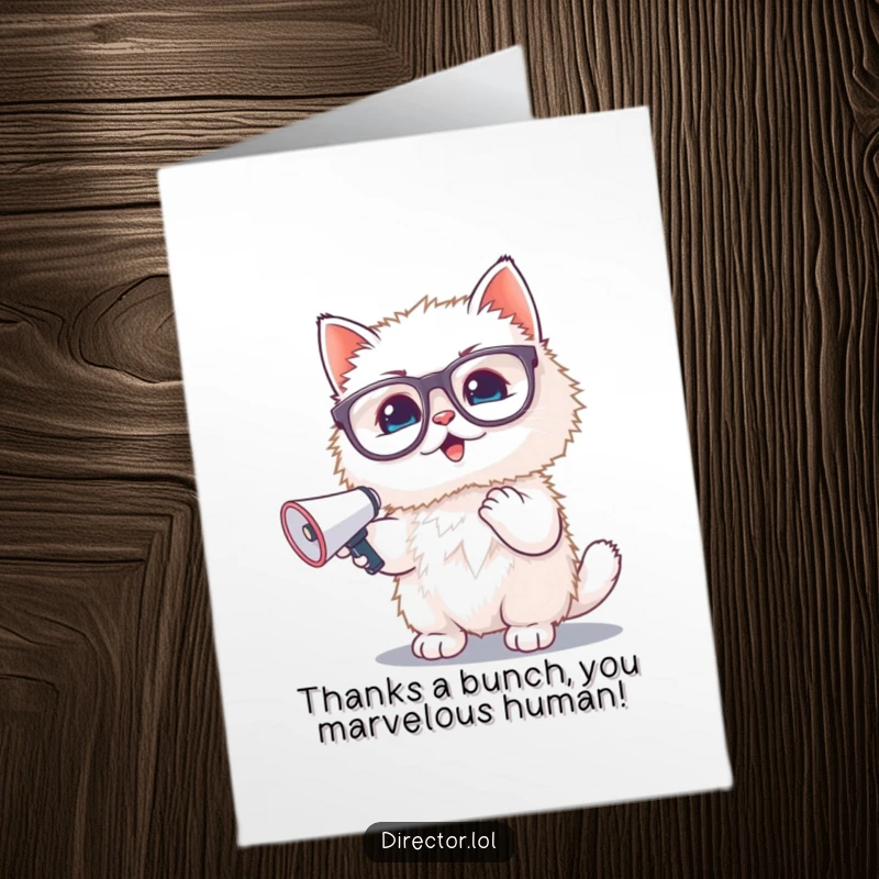 Funny Free Printable Thank You Card: Fluffy kitten in oversized glasses waves a tiny megaphone, expressing heartfelt thanks joyfully.