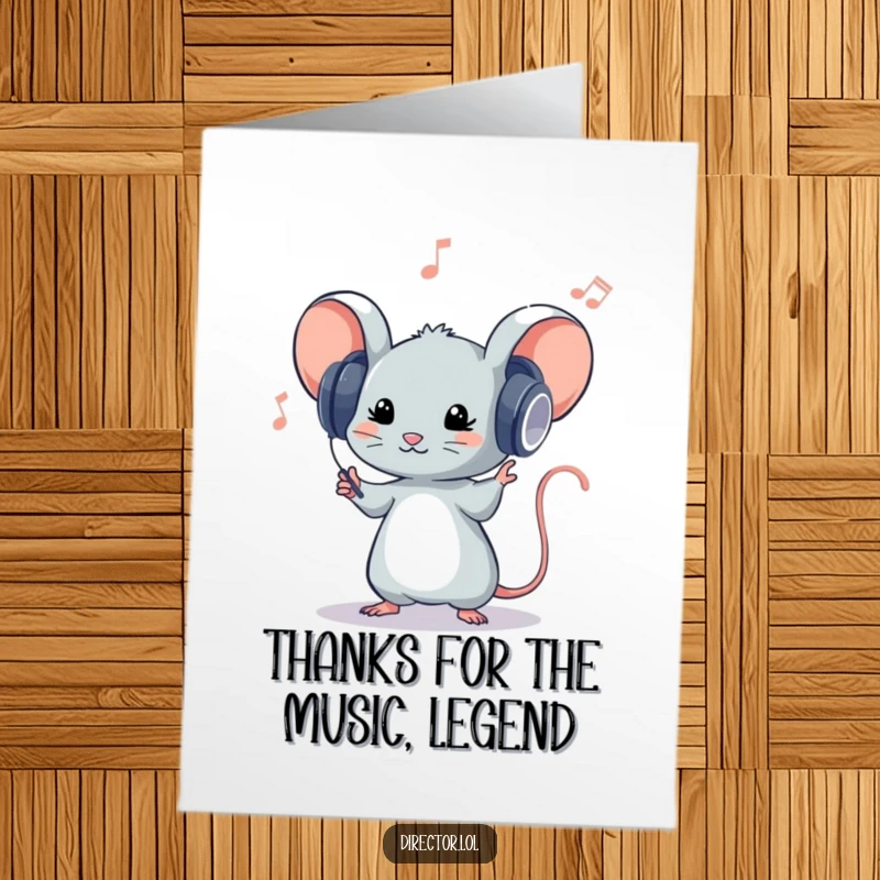 Funny Free Printable Thank You Card: A tiny mouse conductor with oversized headphones leads an invisible orchestra with gratitude.