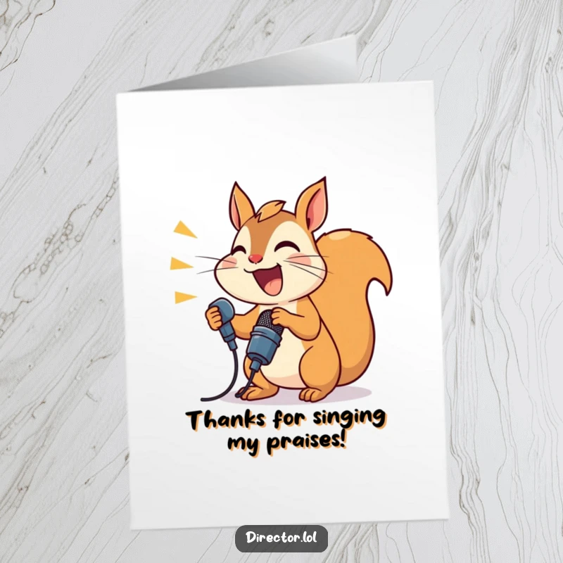 Funny Free Printable Thank You Card: A joyful squirrel with a microphone enthusiastically shouts thank you directions.