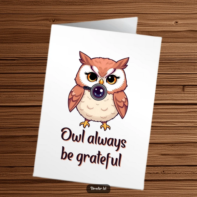 Funny Free Printable Thank You Card: Proud owl photographer peers through lens, winks, expressing thanks.