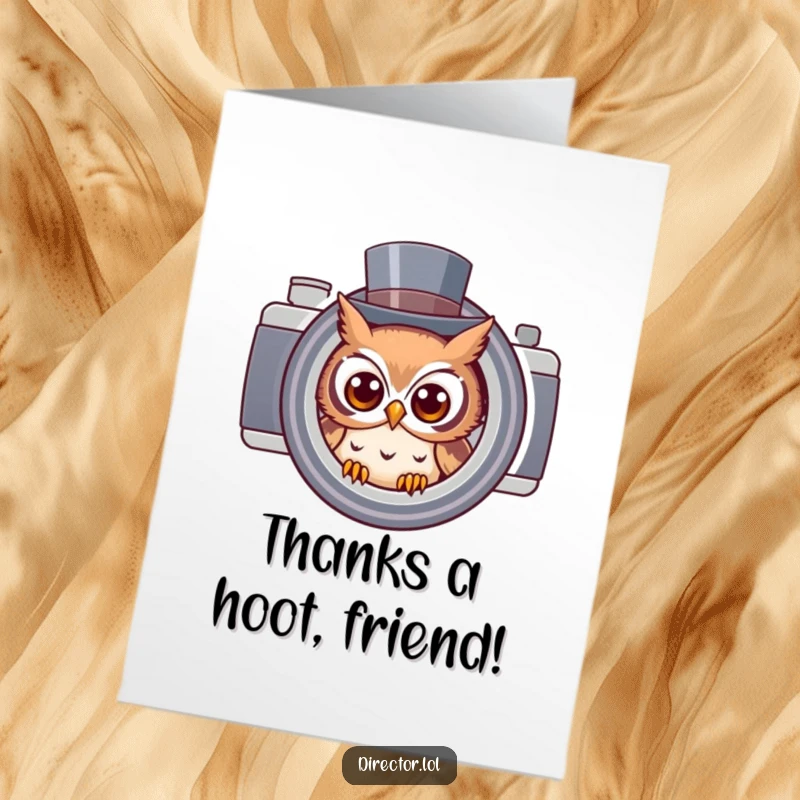 Funny Free Printable Owl Thank You Card: Curious owl in top hat with camera lens, expressing gratitude with a comical peek.