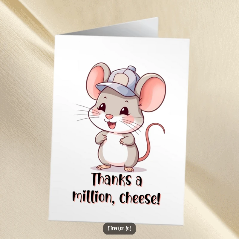 Funny Free Printable Thank You Card depicting a smiling mouse in a tiny cap cueing a scene, for expressing gratitude.