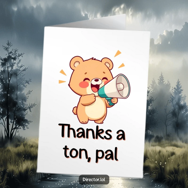 Funny Free Printable Bear Thank You Card: Bear cub enthusiastically shouting thanks through a megaphone.