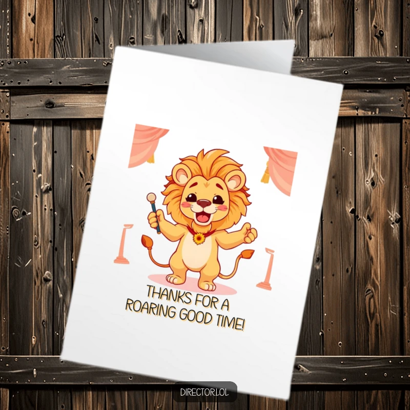 Funny Free Printable Thank You Card: Proud lion conducting a scene with flourish, expressing thanks with majestic grace and conductor's poise.