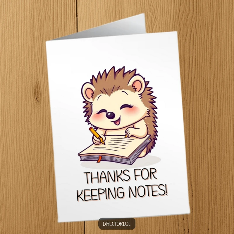 Funny Free Printable Hedgehog Thank You Card: Giggling hedgehog scribbles notes on a notepad, conveying thanks with humor.