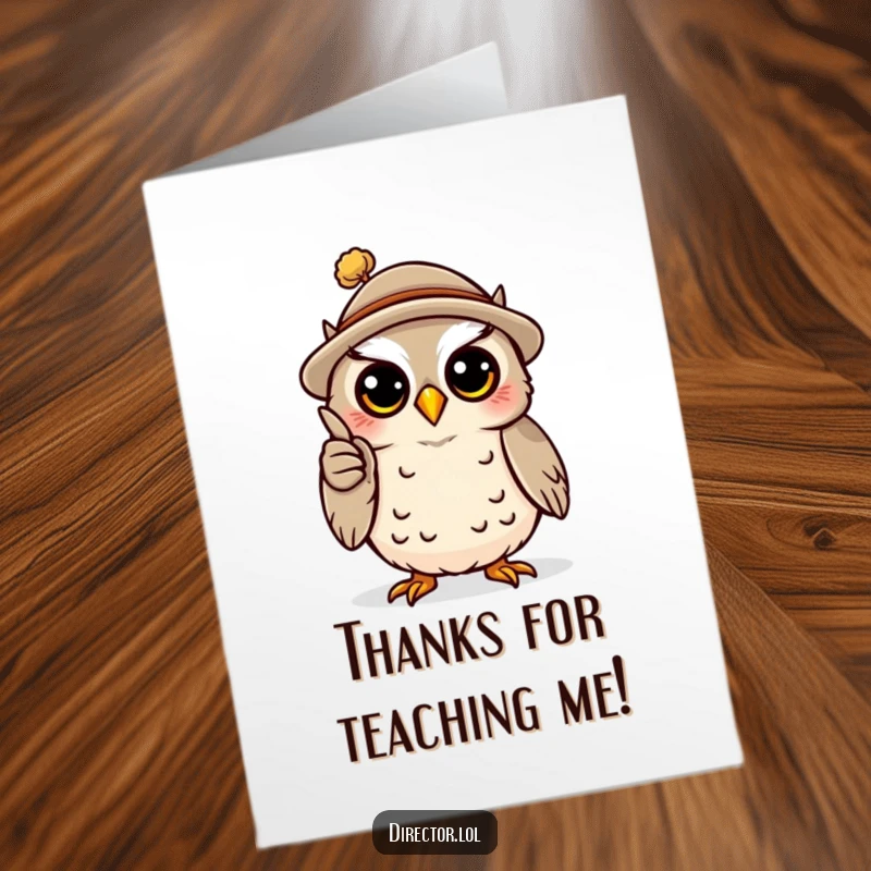 Funny free printable thank you card of a happy owl in a hat, dramatically gesturing with a pointer, expressing thanks for guidance.