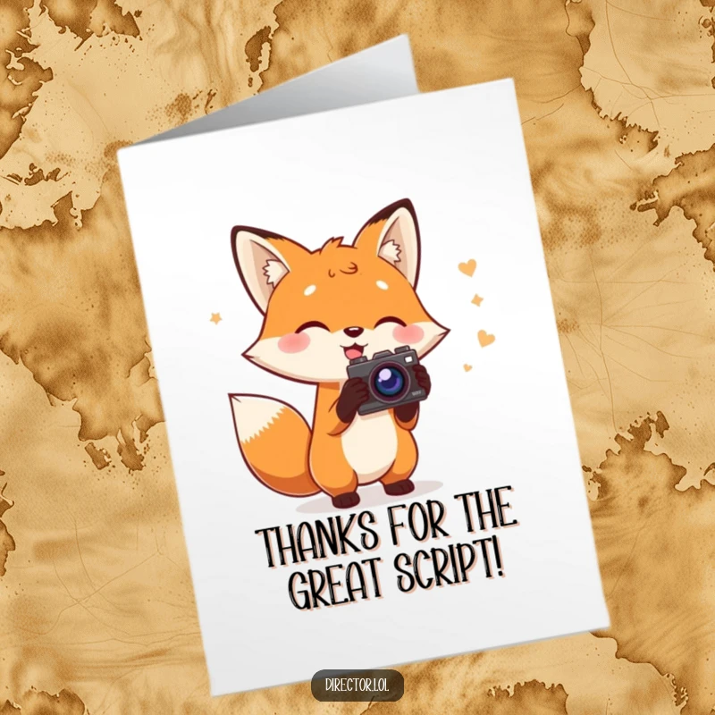 Funny Free Printable Thank You Card: Charming fox holding a script and prop camera gestures wildly, expressing thanks.