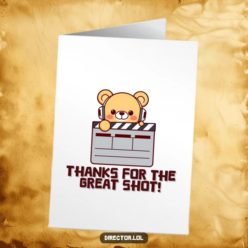 Funny Free Printable Thank You Card: Bear director with headphones enthusiastically points at a giant clapperboard, saying thanks.