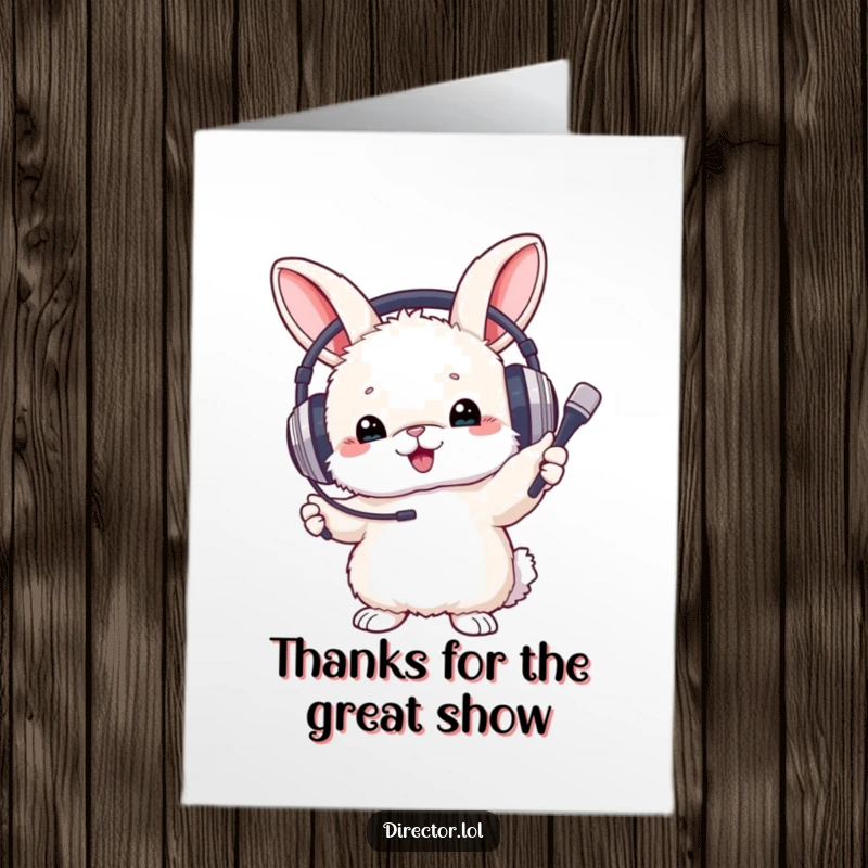 Funny Free Printable Thank You Card: Bunny with headphones enthusiastically waving a baton, expressing thanks musically.