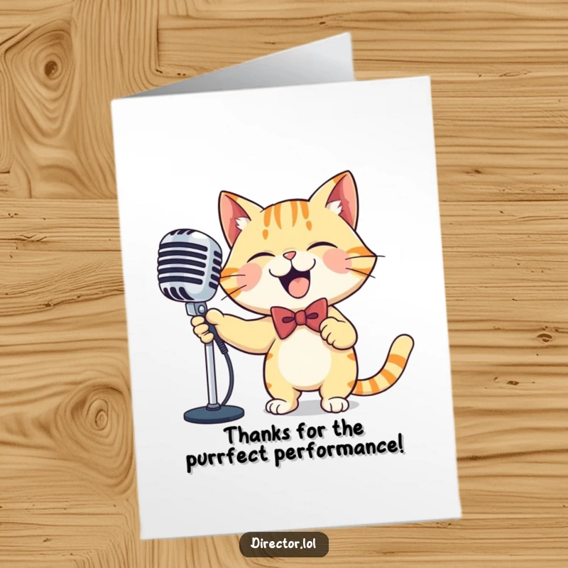 Funny Free Printable Cat MC Thank You Card: A cat in a bowtie sweeps a large microphone, showing immense thanks.