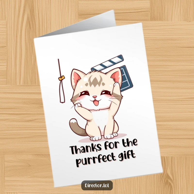 Funny Free Printable Thank You Card with a playful kitten batting at a dangling movie clapper.