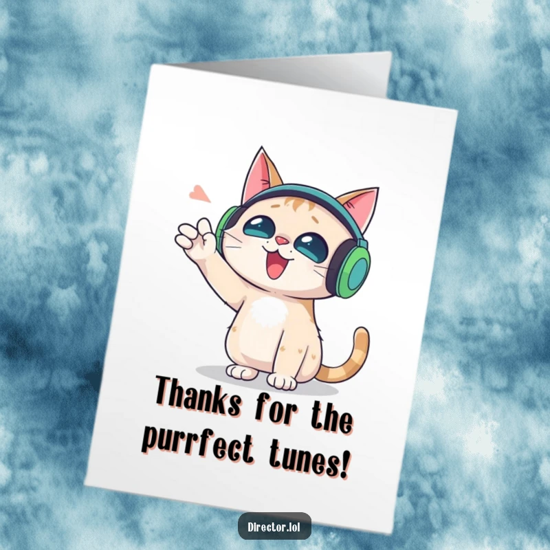 Funny Free Printable Thank You Card: Cat with oversized headphones gesturing wildly, giving thanks, a great downloadable gift.