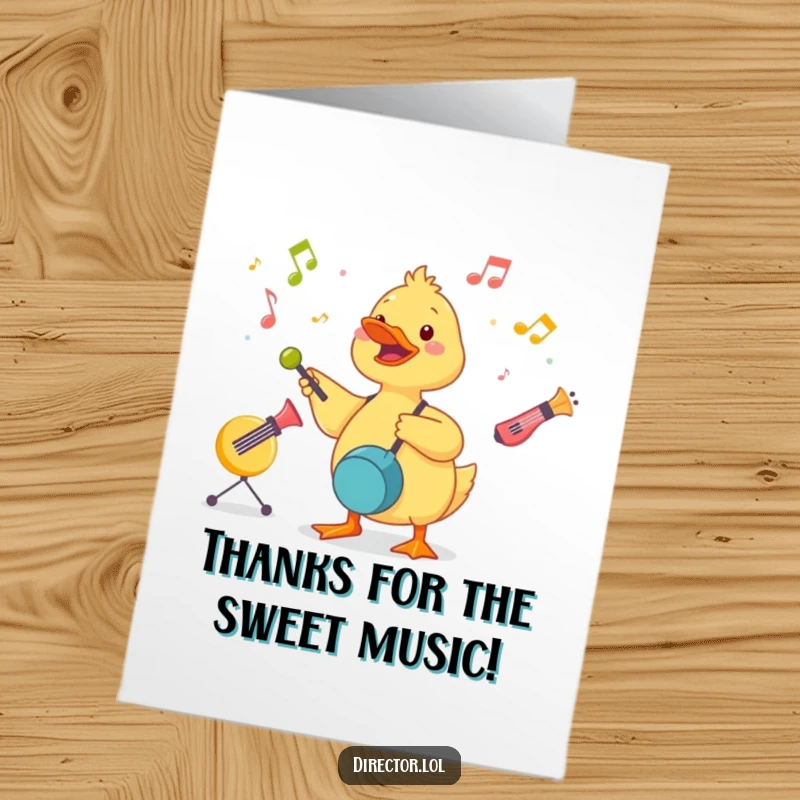 Funny Free Printable Thank You Card: A cute duckling energetically conducts a symphony of toy instruments, offering musical thanks.