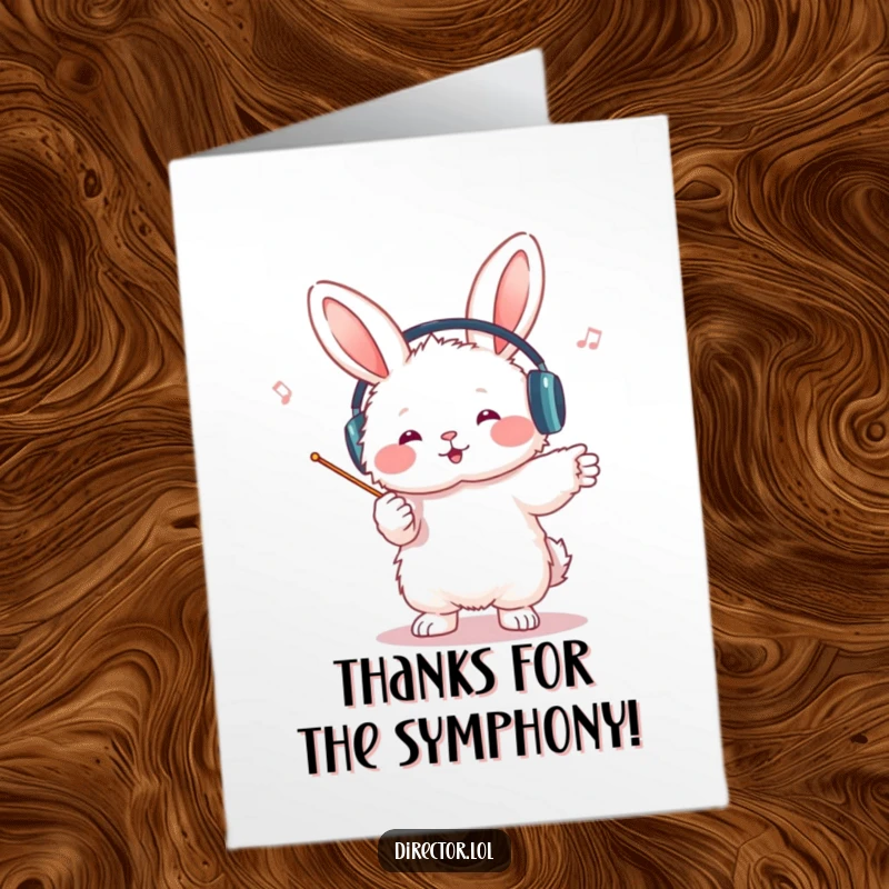 Funny Free Printable Bunny Conductor Thank You Card: A happy bunny with headphones conducts an invisible orchestra to express thanks.