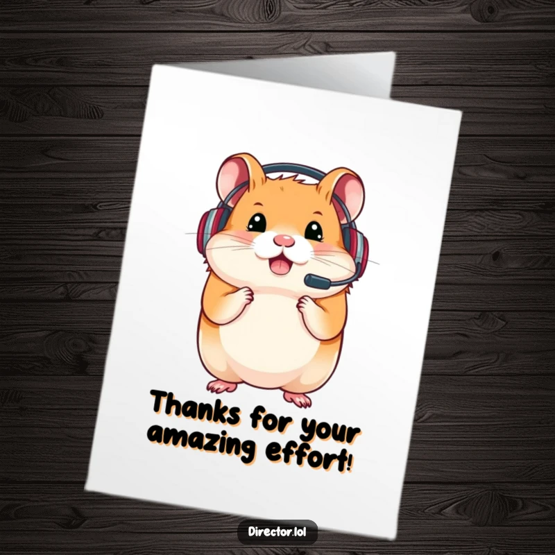 Funny Free Printable Thank You Card: Determined hamster sporting a headset, offering thanks with focused attention and gamer dedication.